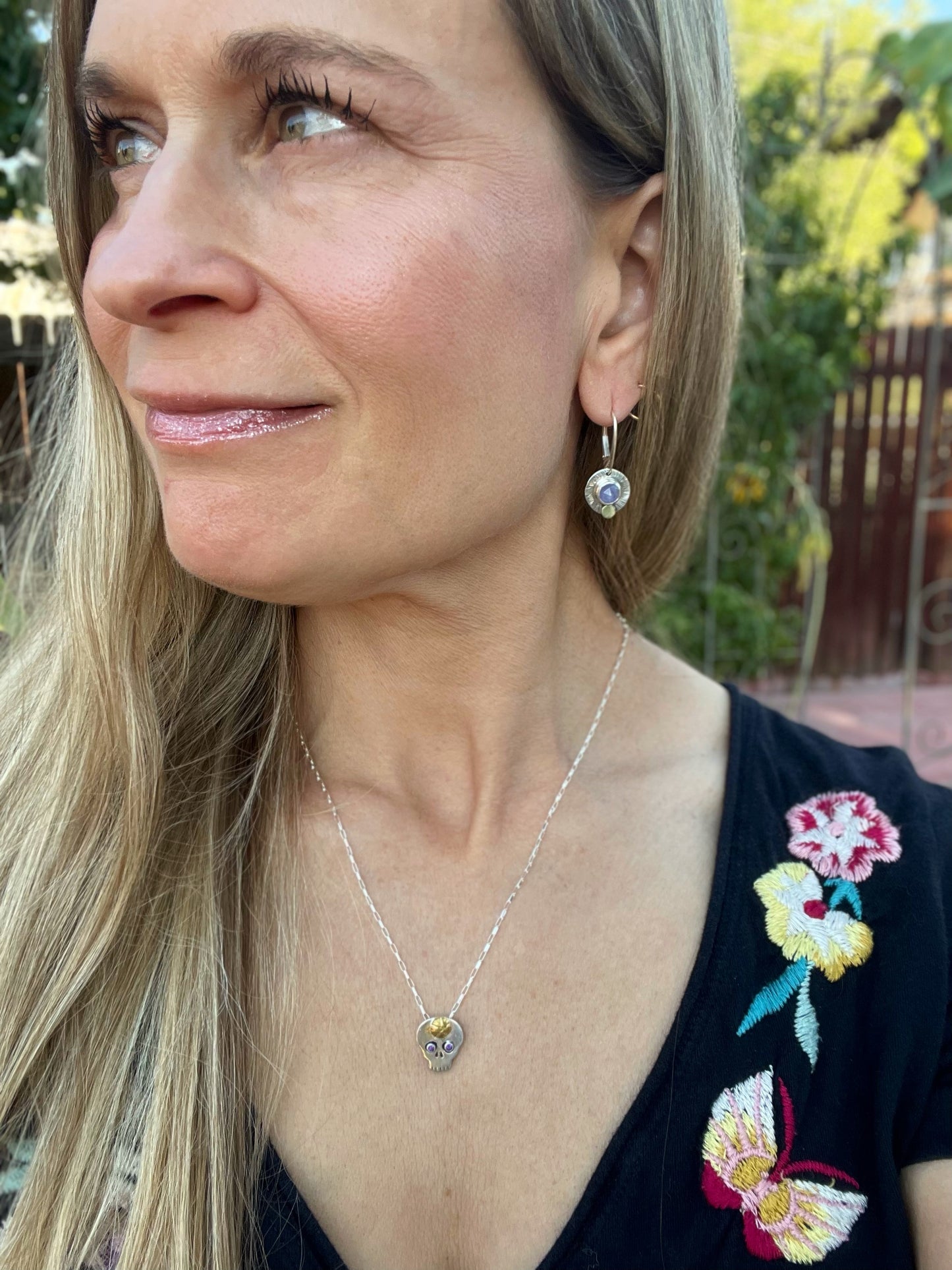 Tiny Sugar Skull Necklace with Amethyst Eyes