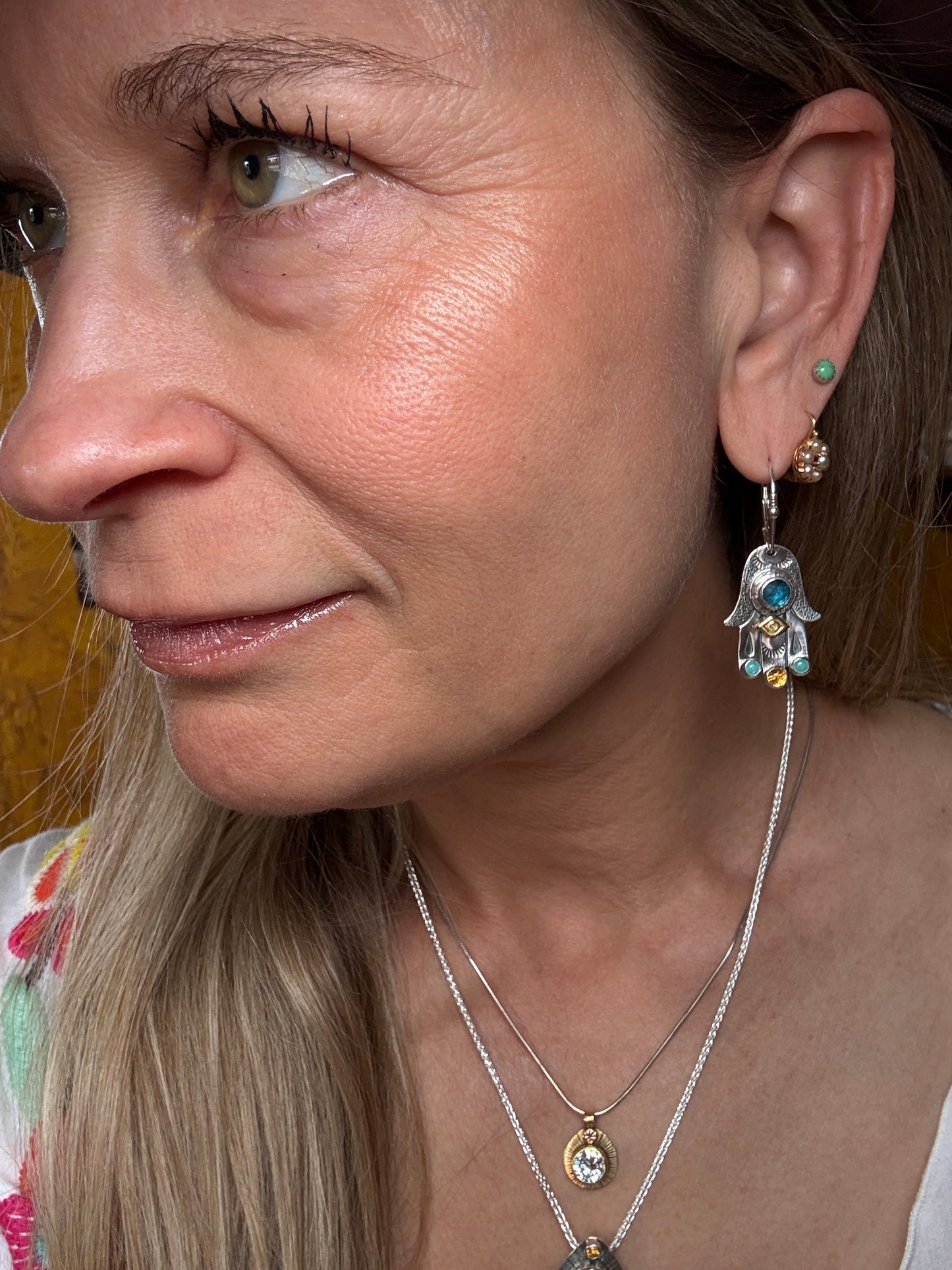 Hamsa Talisman Earrings — Kyanite, Citrine & Amazonite