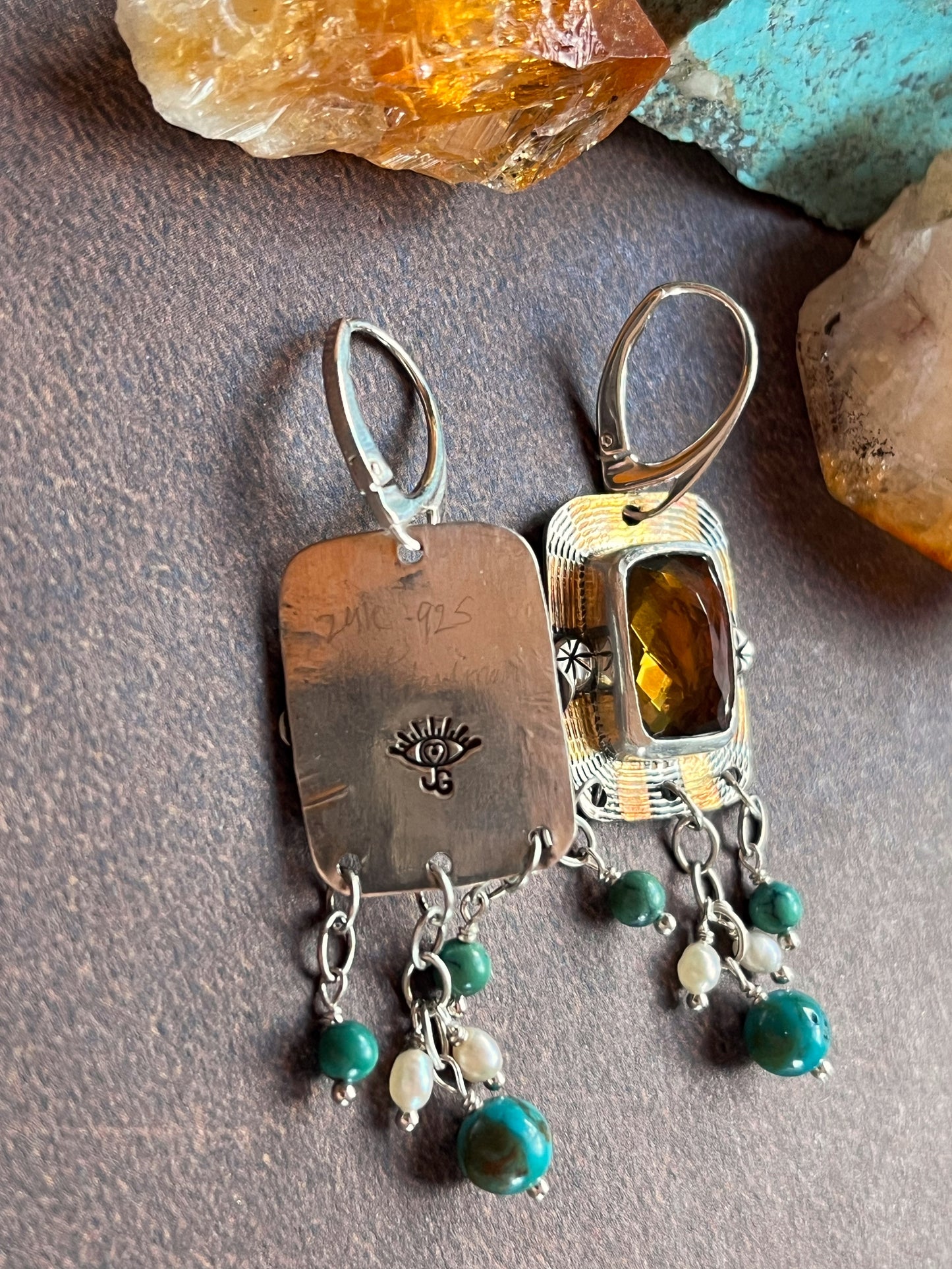 Whisky Quartz, Turquoise, Pearl earrings