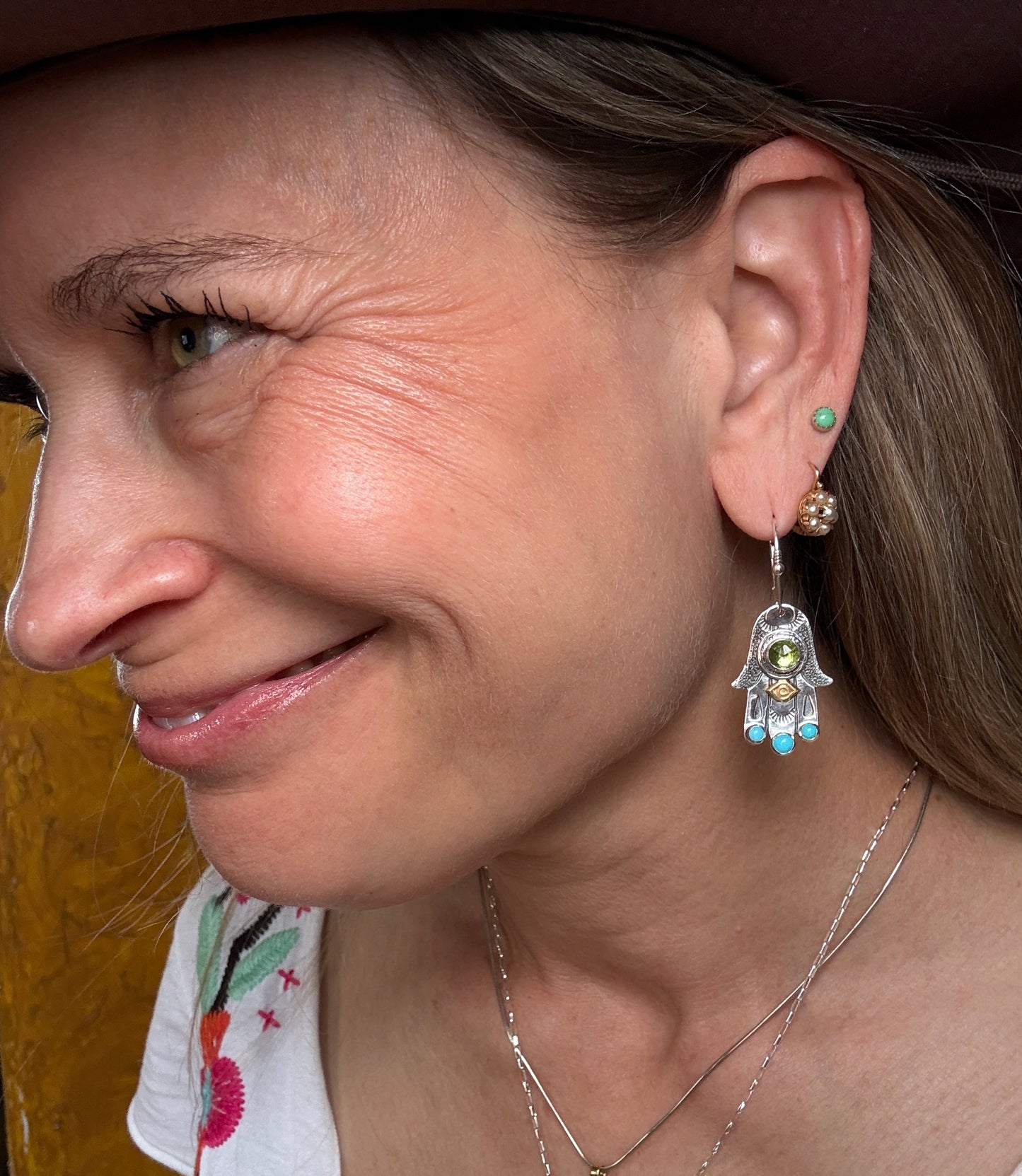 Hamsa Talisman Earrings — Peridot and Turquoise