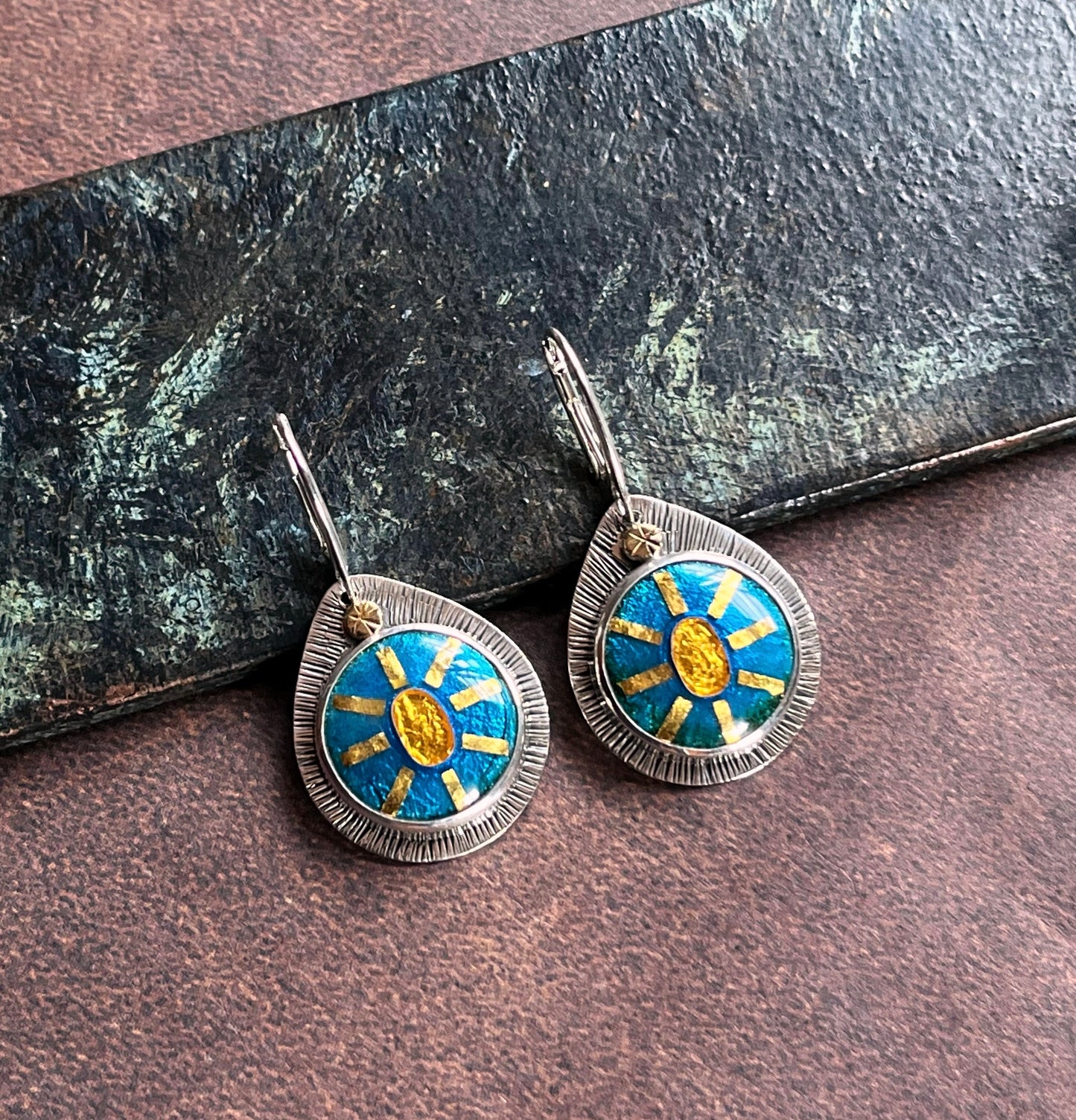 Sunburst Earrings - Teal and 24k gold