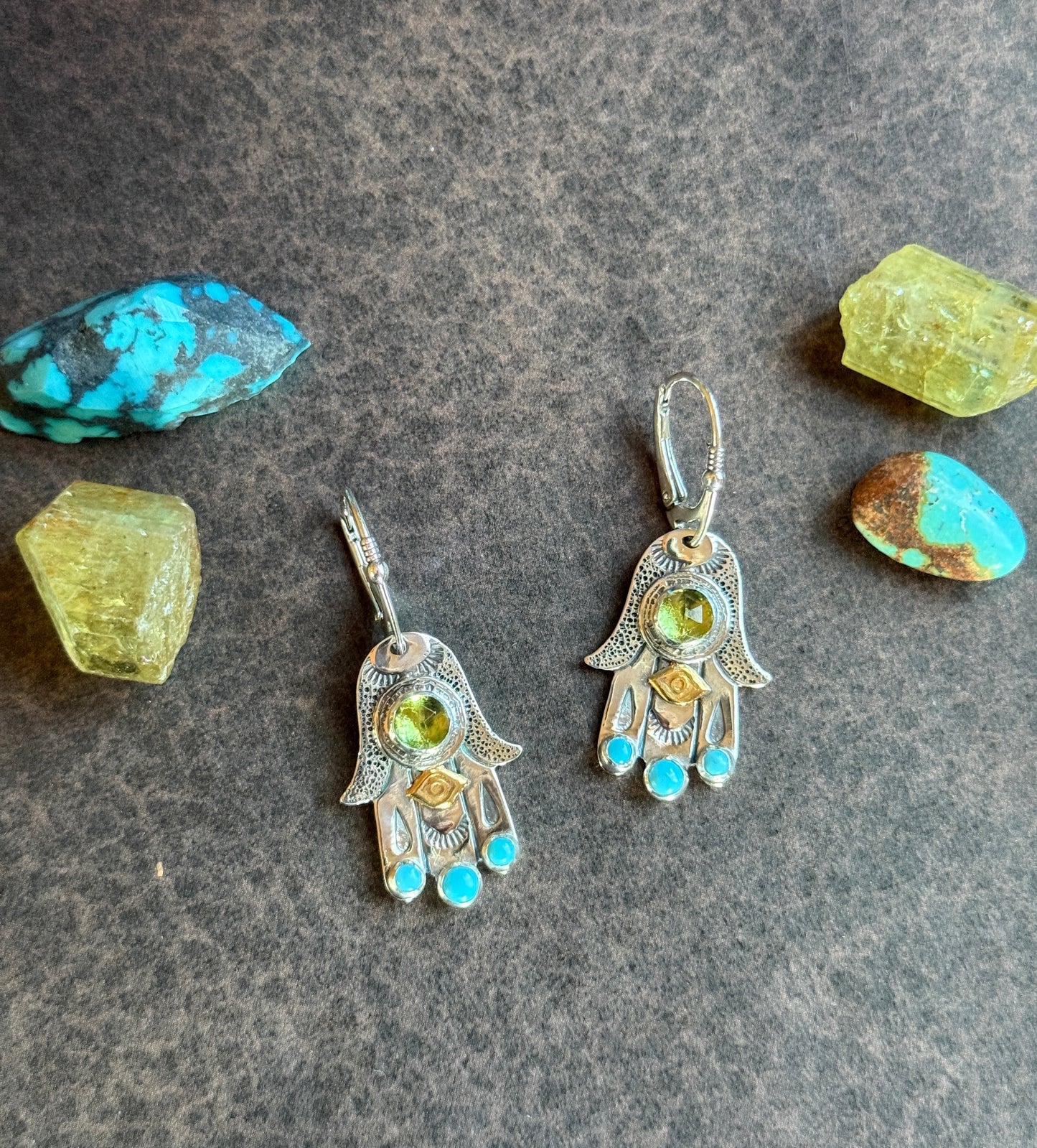 Hamsa Talisman Earrings — Peridot and Turquoise