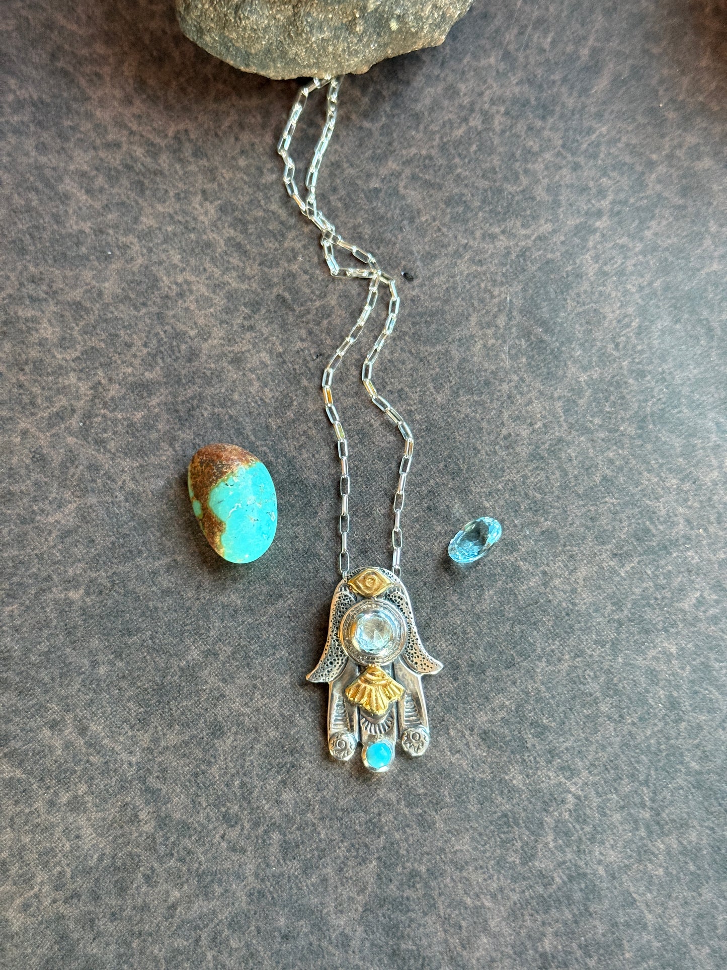 Hamsa Talisman Necklace — Blue Topaz, Turquoise