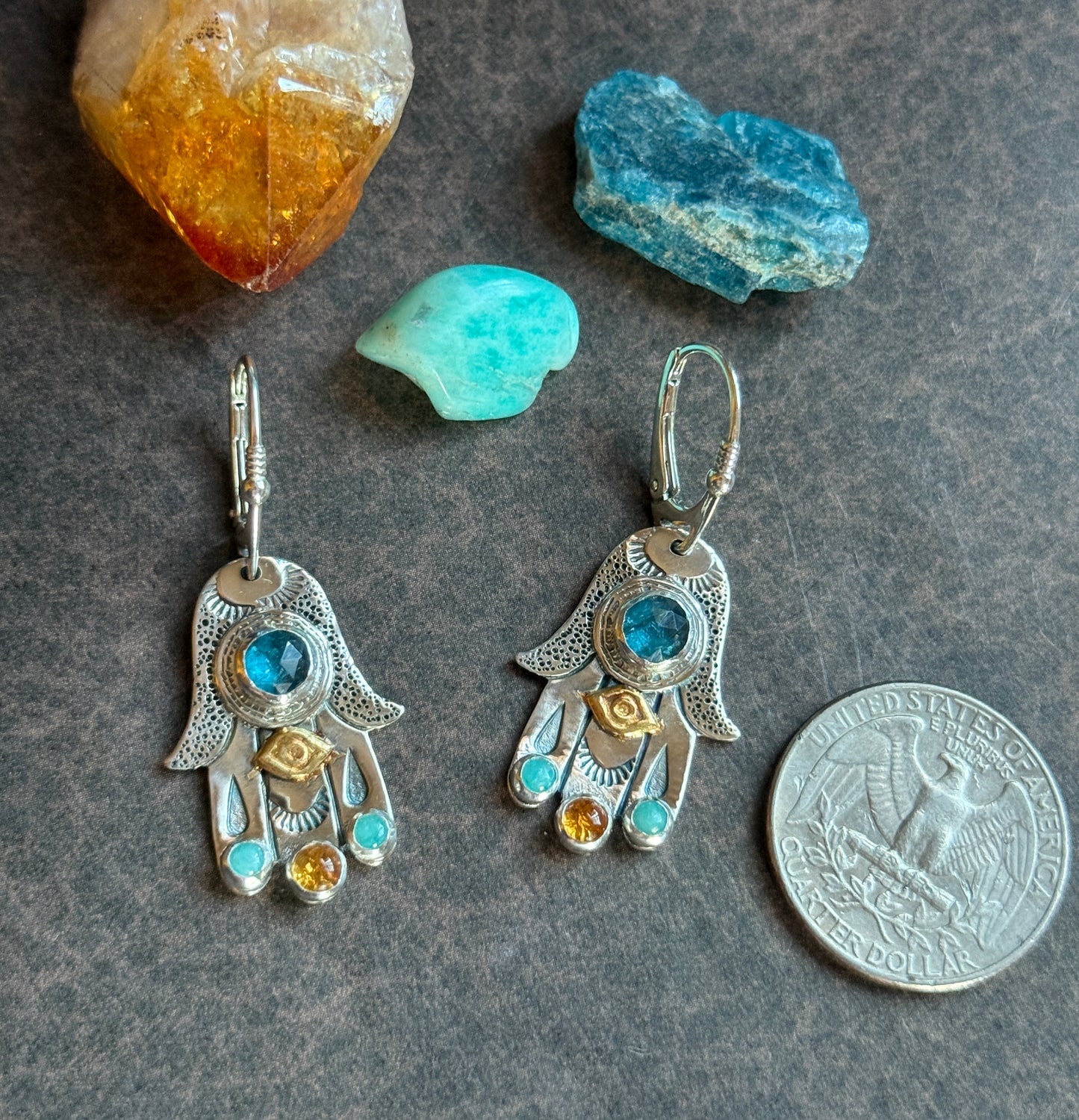 Hamsa Talisman Earrings — Kyanite, Citrine & Amazonite