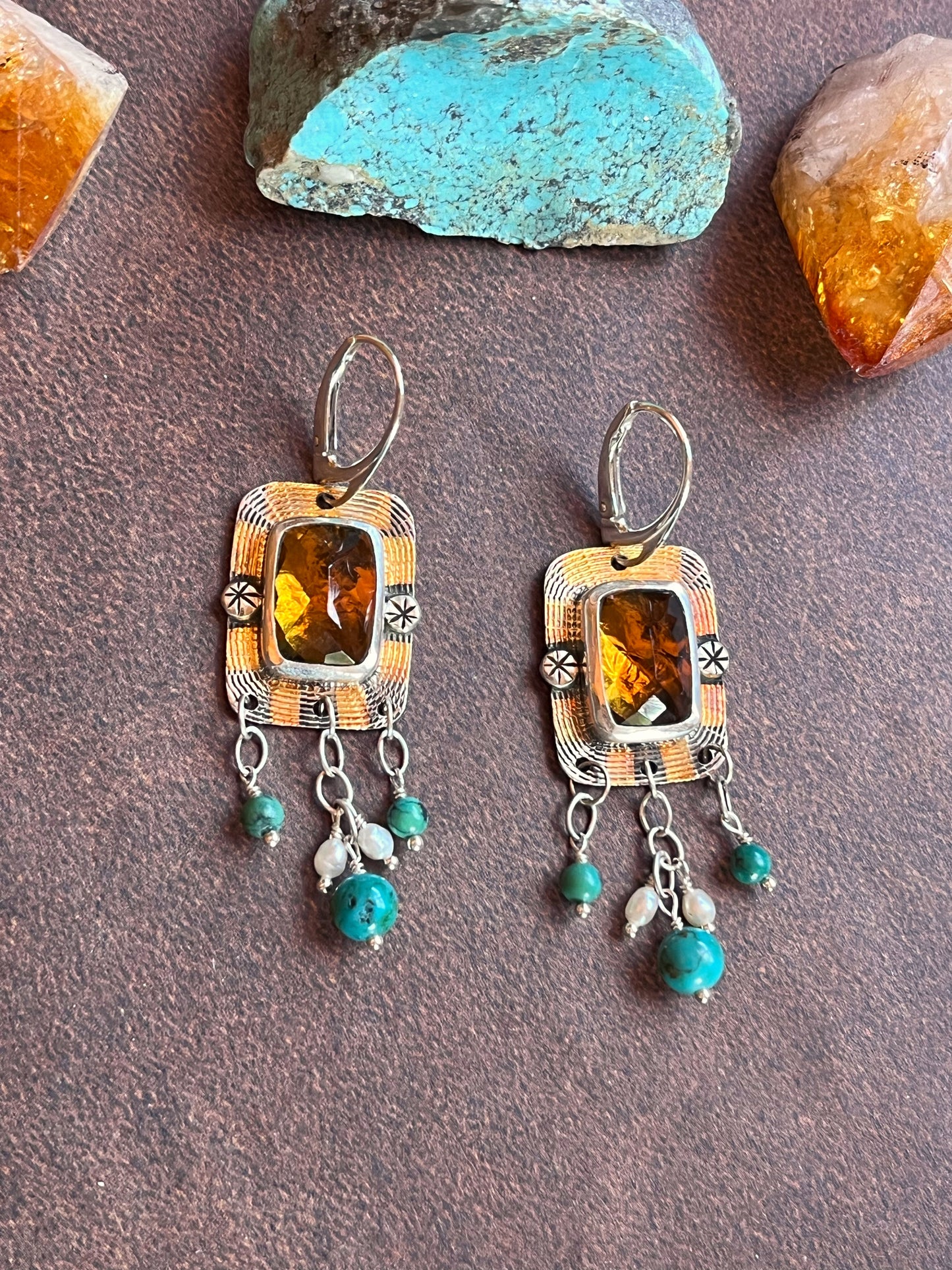 Whisky Quartz, Turquoise, Pearl earrings