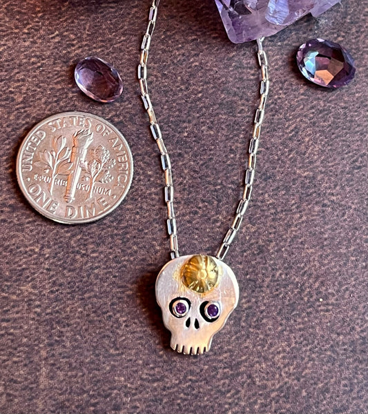 Tiny Sugar Skull Necklace with Amethyst Eyes