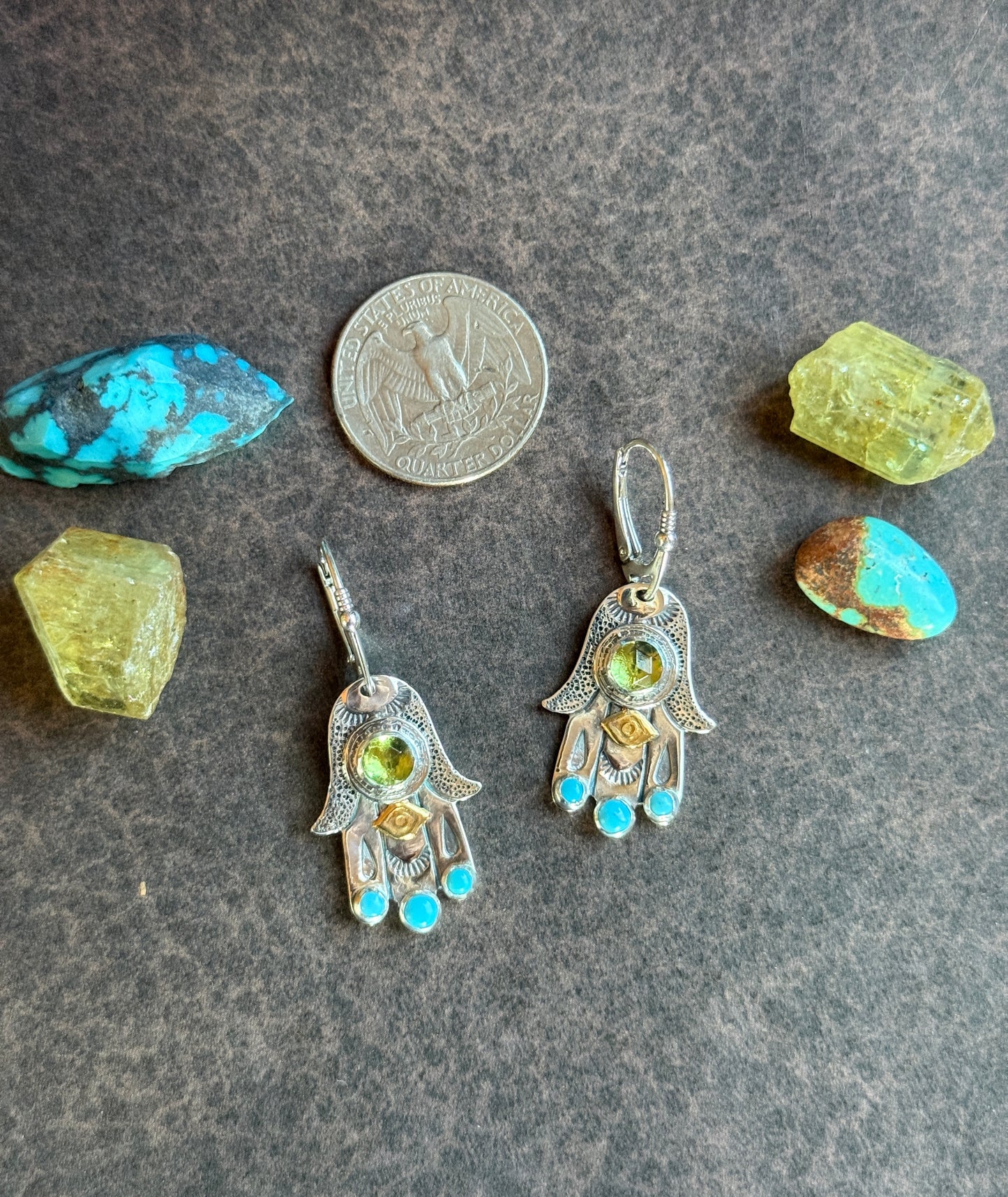 Hamsa Talisman Earrings — Peridot and Turquoise