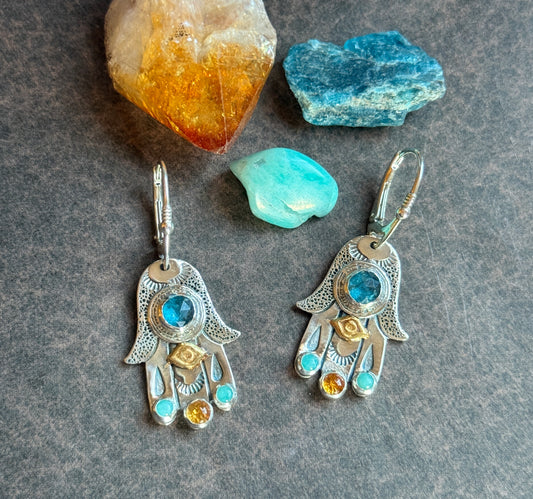 Hamsa Talisman Earrings — Kyanite, Citrine & Amazonite