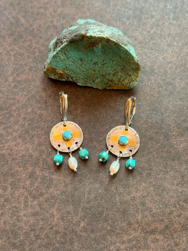 Medicine Shield Earrings- Turquoise and Pearl