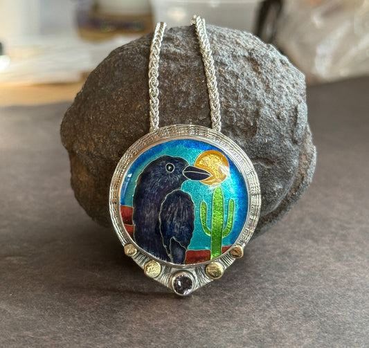 Keeper of the Golden Moon- Raven Cloisonné Necklace