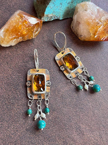 Whisky Quartz, Turquoise, Pearl earrings