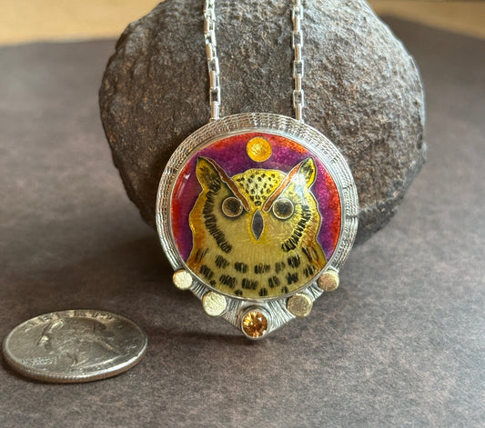 Watcher of the Inbetween- Cloisonné Enamel Great Horned Owl Necklace
