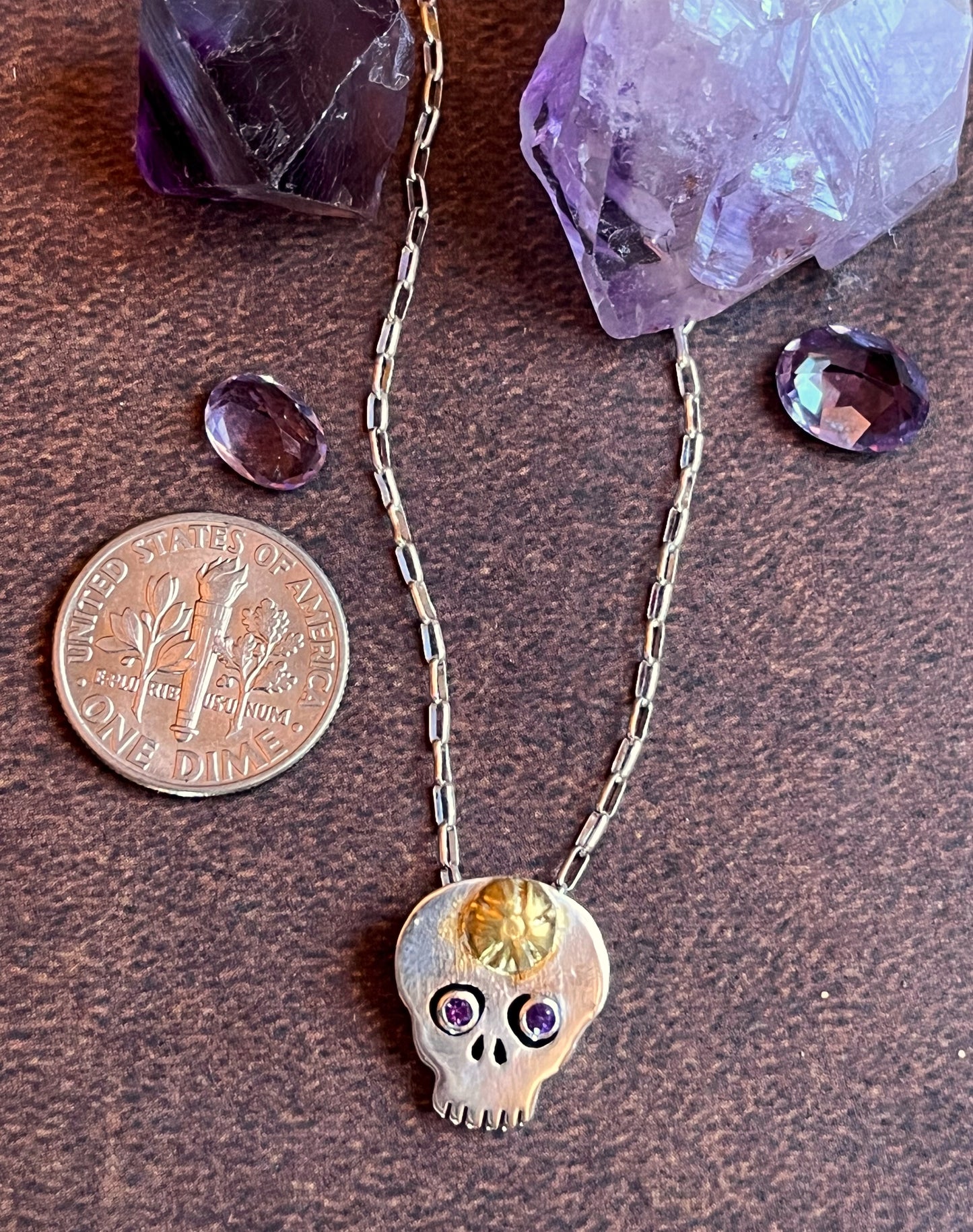 Tiny Sugar Skull Necklace with Amethyst Eyes