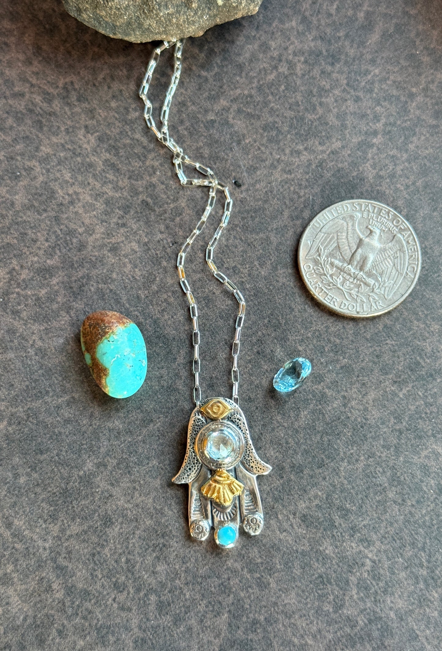 Hamsa Talisman Necklace — Blue Topaz, Turquoise