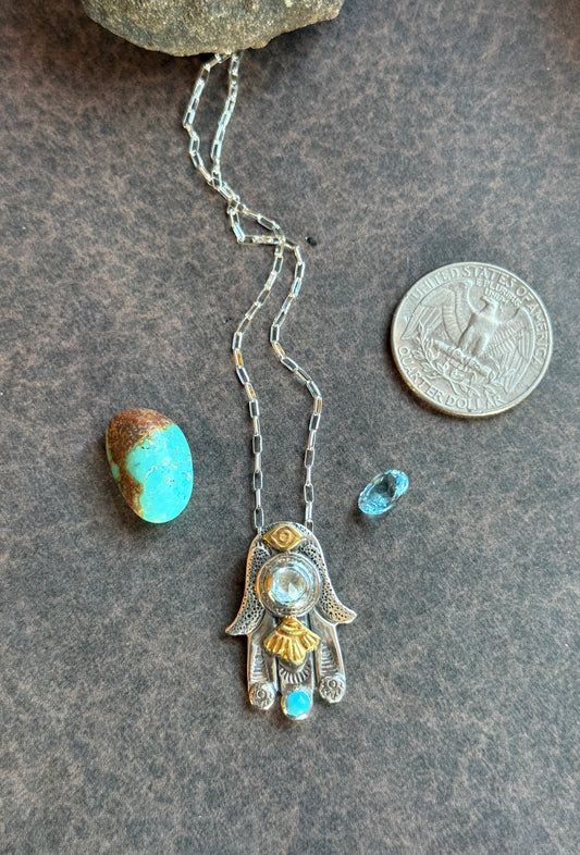 Hamsa Talisman Necklace — Blue Topaz, Turquoise