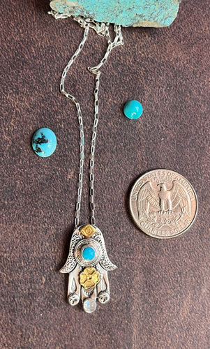 Hamsa Necklace - Turquoise and Rainbow Moonstone