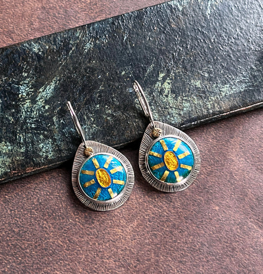 Sunburst Earrings - Teal and 24k gold